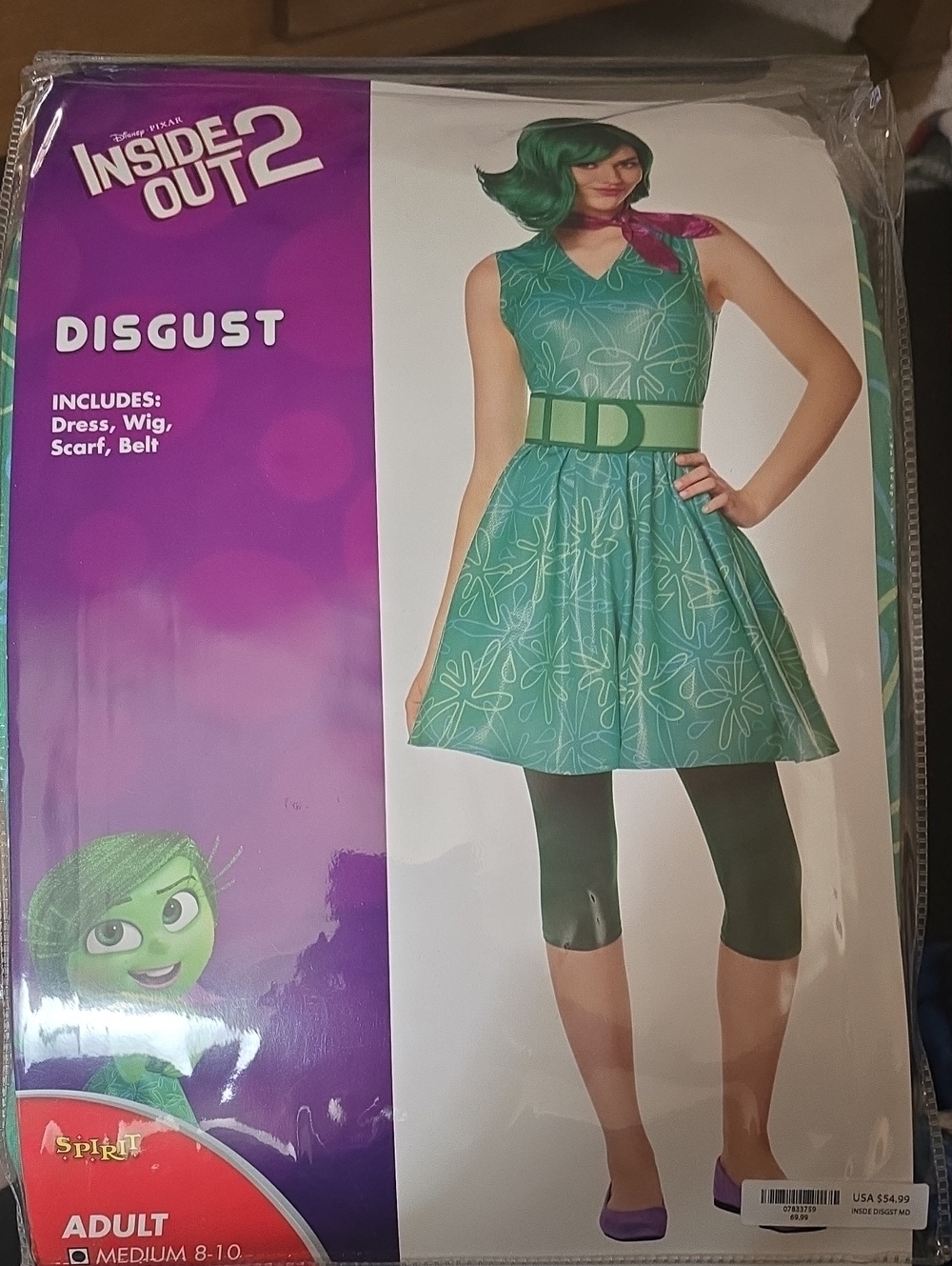 Disney Adult Disgust Costume in Green with Purple Scarf - Medium